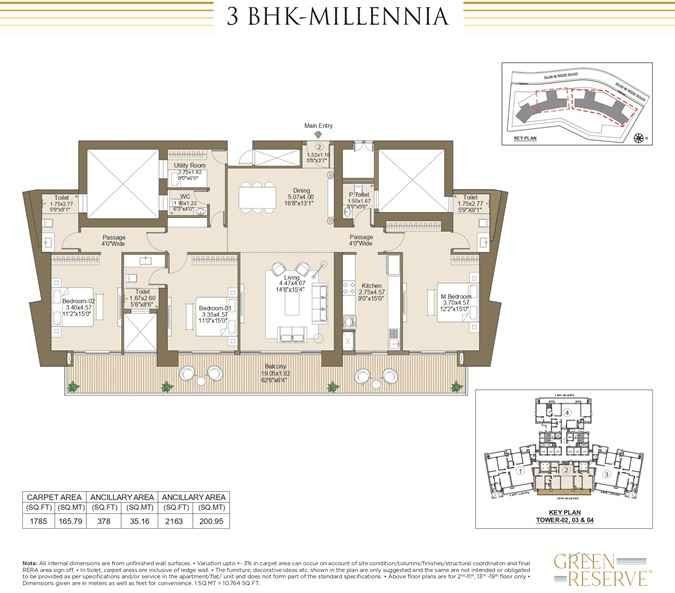 L&T Green Reserve Noida 3 BHK Millennia Floor Plan – Premium 2163 sq. ft. Apartment Layout with Spacious Design