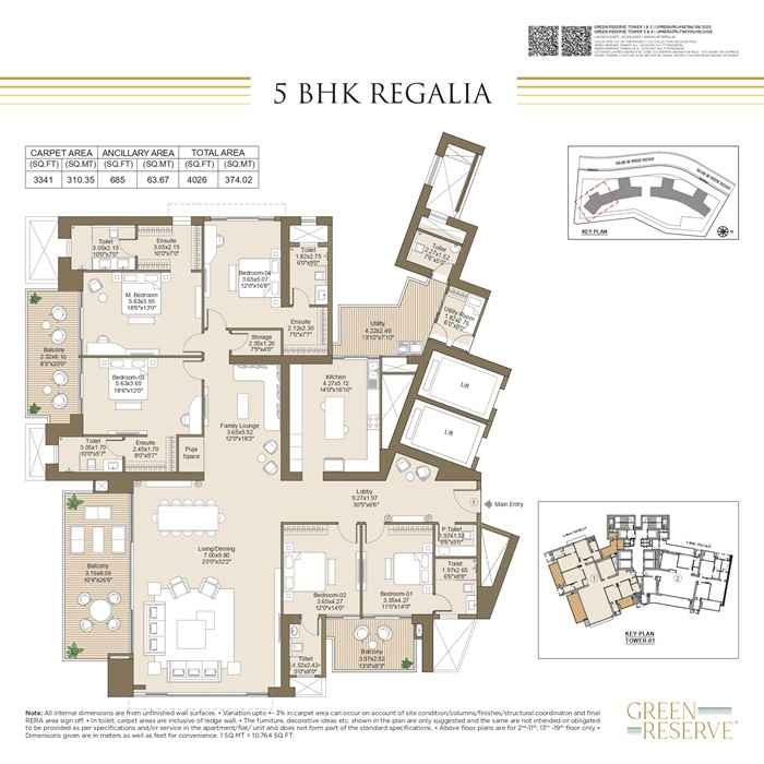 L&T Green Reserve Noida 5 BHK Regalia Floor Plan – Spacious Luxury Apartment Layout with Carpet, Ancillary, and Total Area