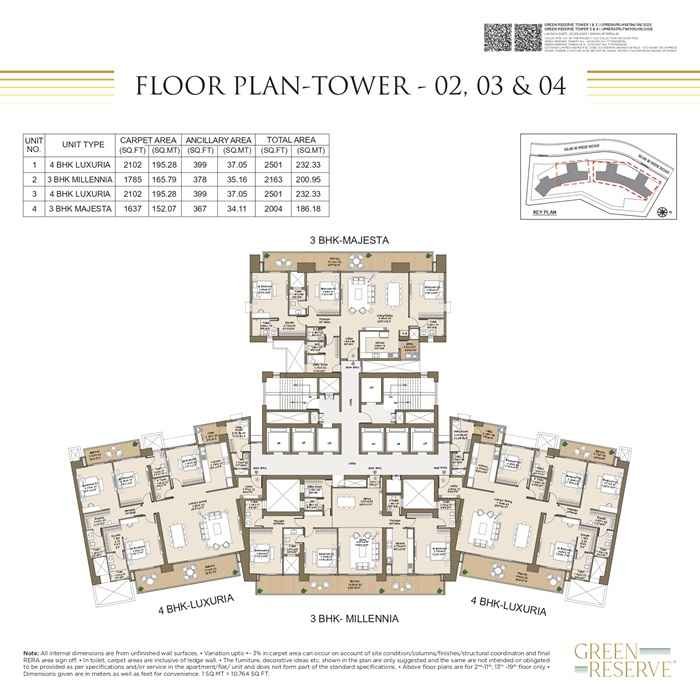L&T Green Reserve Noida Floor Plan Towers 2, 3 & 4 – 3 BHK Majesta, 3 BHK Millennia, and 4 BHK Luxuria Apartments Layout